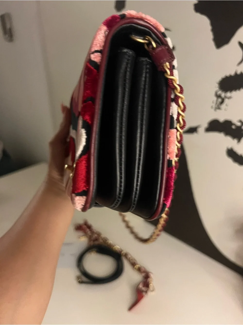 CHANEL Floral Velvet Chain Crossbody in Burgundy, Pink and Black